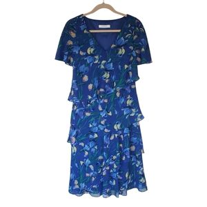 Jacques Vert Floral Blue Ruffle Short Sleeve Dress Irises Print